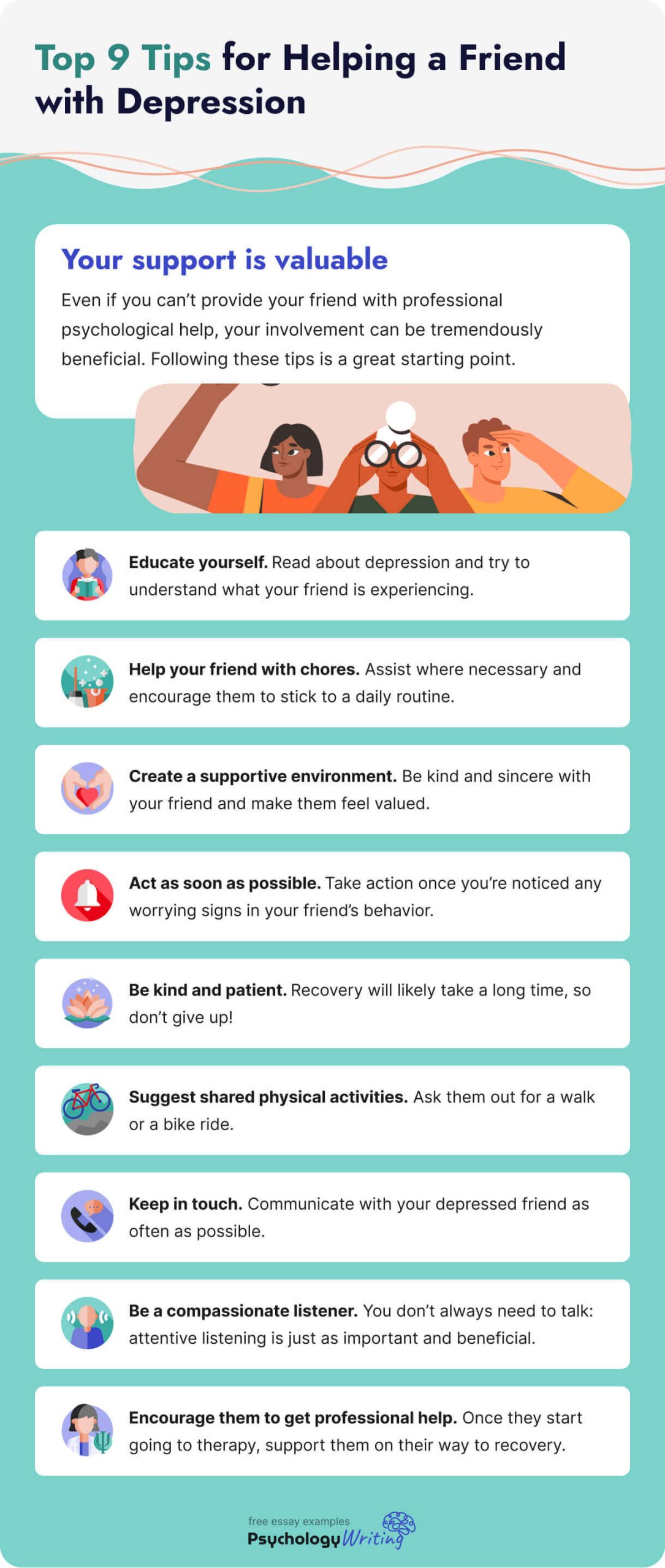 The picture enumerates the top 9 tips for helping a depressed friend.