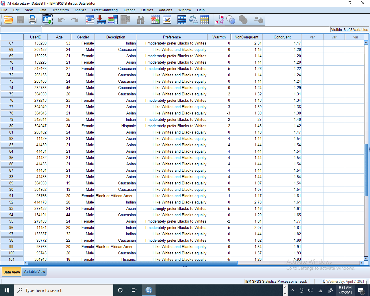 The IAT Data from 67th to 101 Respondent.