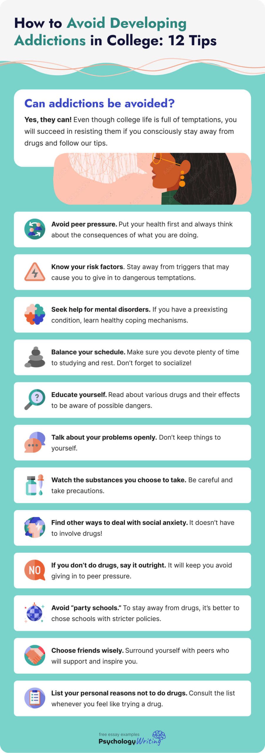 The picture shows 12 tips that can help avoid developing addictions in college.