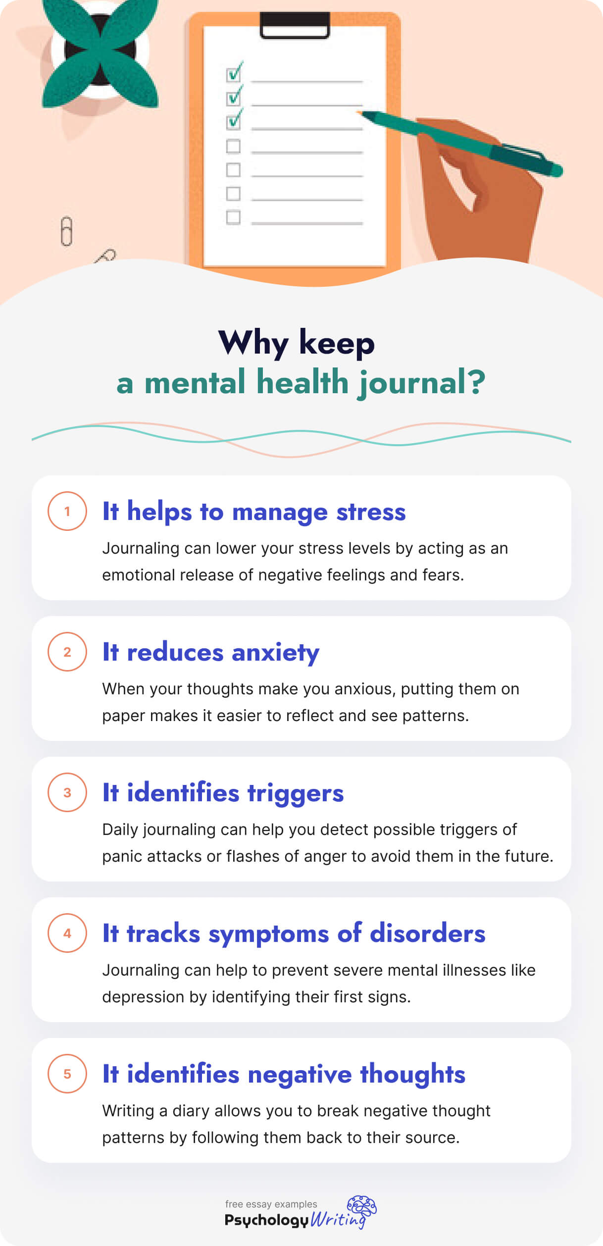 The picture lists the benefits of keeping a mental health journal.
